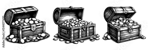 Antique treasure chests in a hand-drawn etched style, black and white