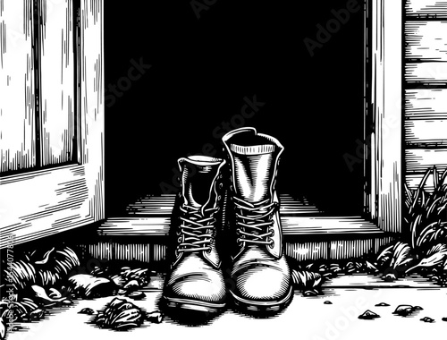 A pair of worn work boots on a wooden doorstep in rustic woodcut style, black and white