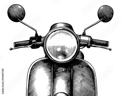 Vintage scooter in engraving style, black and white