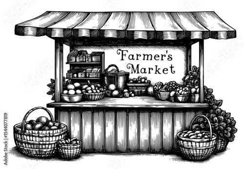 Farmer's market stand in a woodblock print style in black and white