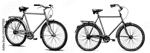 Vintage bicycles in a technical drawing style in black and white