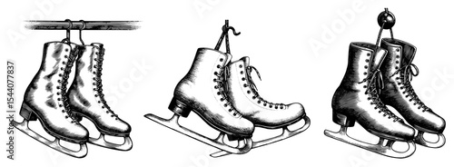 vintage ice skates in black and white engraving style
