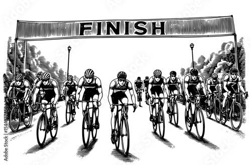 Cyclists in profile competing fiercely towards a finish banner in a black and white woodcut style