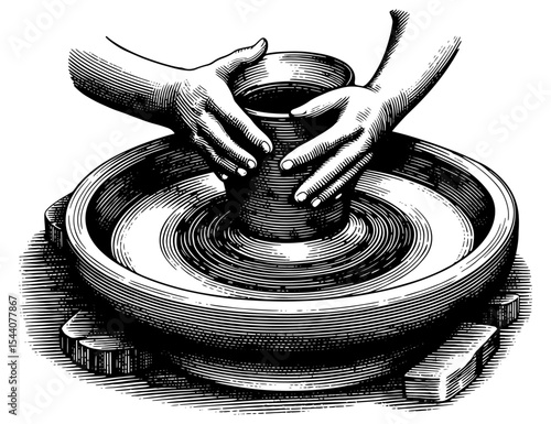 Potter's hands skillfully shaping clay on a wheel in a detailed black and white engraving style