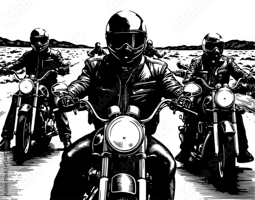 Motorcyclists riding in a line across a desert landscape representing freedom and biker culture