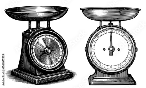 Antique weighing scales in a vintage woodcut style