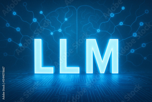 Glowing LLM Letters with Neural Network and Digital Brain Background