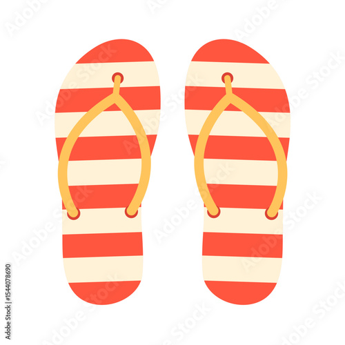 Flat vector cartoon illustration of striped red and white flip flops. For summer, vacation, seaside, beach and casual footwear-themed design. Isolated on white background.