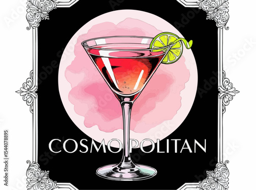Cosmopolitan Cocktail Illustration with Lime Garnish