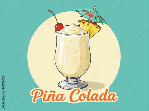 Pina Colada Cocktail with Pineapple, Cherry and Paper Umbrella