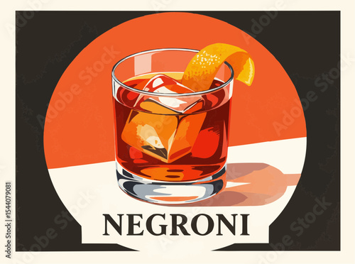 Negroni Cocktail Served with Orange Twist and Ice Cubes