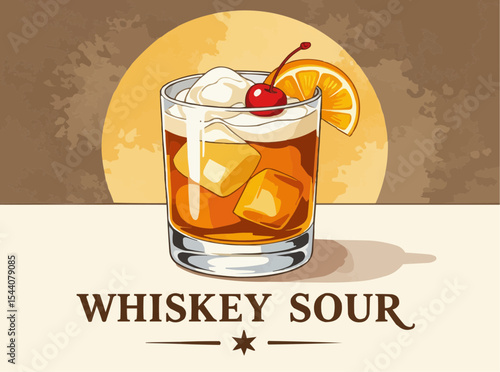Whiskey Sour Cocktail Illustration with Orange and Cherry Garnish