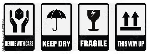 Black and white shipping handling label signs showing care fragile dry and direction information. Black fragile shipping symbol set. Transport warning labels in black. Fragile signs with package icons