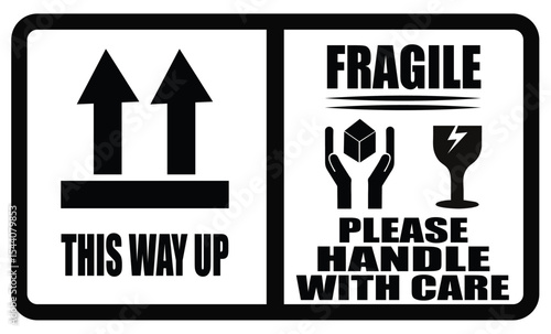 A black and white sign indicating fragile items and this way up for shipping and handling boxes. Black fragile shipping warning label. This way up transport sign. Black and white shipping label set