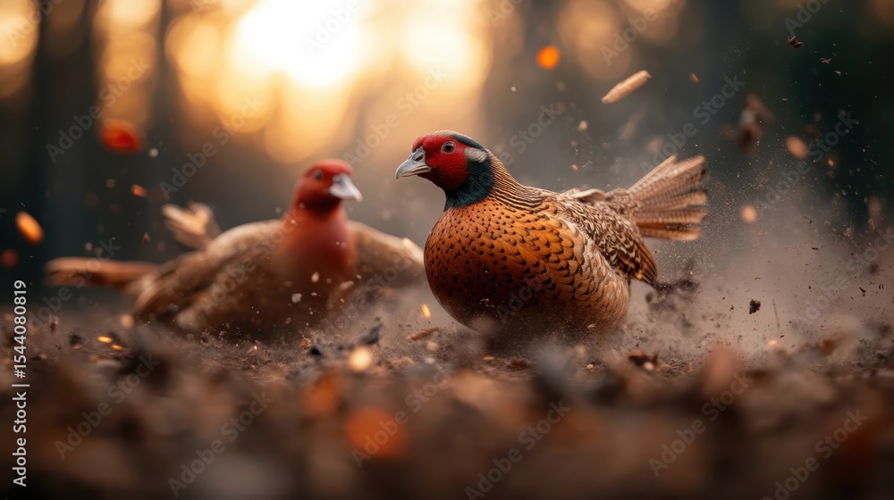 Obraz premium A pair of phesants emerges from a dusty forest floor, showcasing their vibrant plumage amidst a backdrop of autumn foliage and dramatic sunlight filtering through.