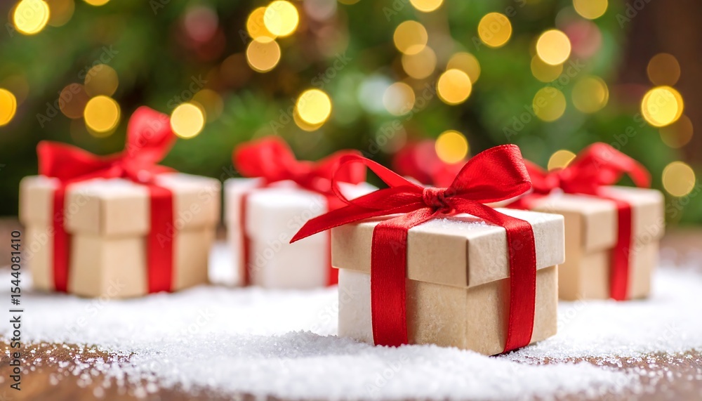 Christmas gifts with snow, and bokeh lights. Christmas gifts with snow, and bokeh lights.