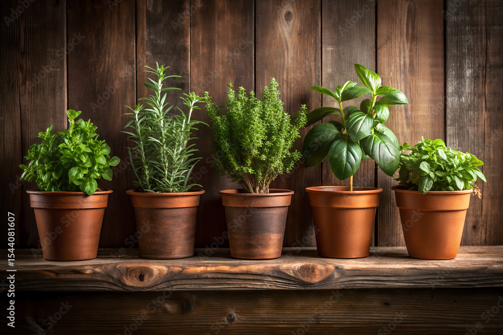 Aromatic Herb Garden Five Fragrant Plants in Terracotta Pots Aromatic Herb Garden Five Fragrant Plants in Terracotta Pots