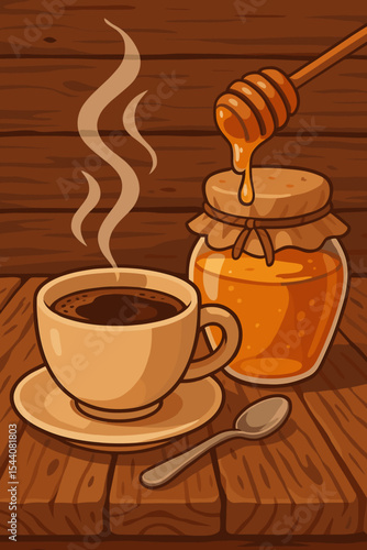 Steaming hot coffee cup and sweet honey jar with dipper on a rustic wooden table. Cozy morning breakfast or cafe beverage concept. Vector cartoon food and drink illustration.