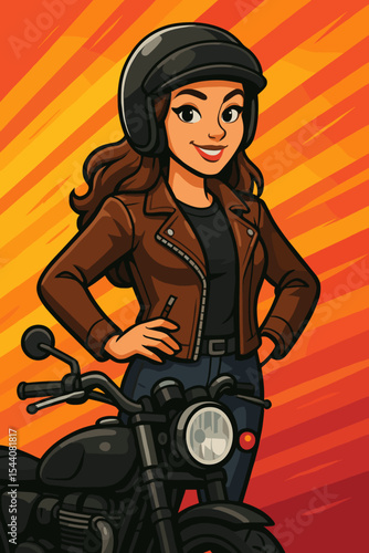 Retro cartoon biker woman with a motorcycle. Confident girl in a leather jacket and helmet. Female rider mascot character for a motor club or event. Vector illustration on sunburst.