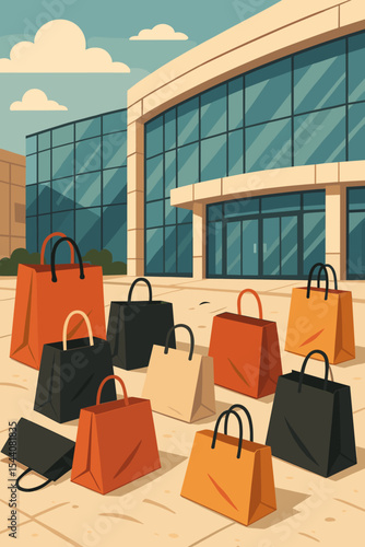 Black Friday sale concept with many shopping bags scattered outside a modern mall. Vector illustration symbolizing consumerism, retail frenzy, and the aftermath of a purchase spree.