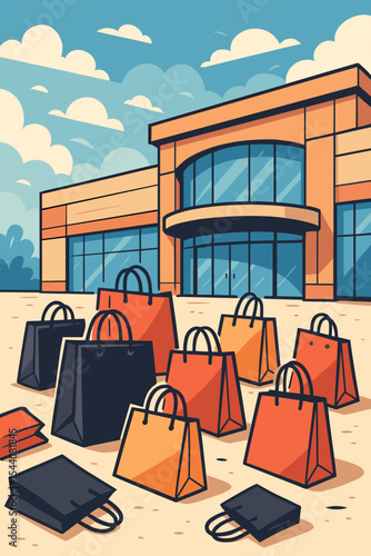 Black Friday sale concept. Many shopping bags scattered on the ground outside a modern mall. Symbol of consumerism, retail frenzy, and holiday shopping. Vector cartoon illustration.