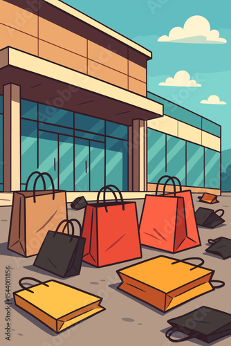 Black Friday sale concept with colorful shopping bags scattered outside a modern mall. Vector cartoon illustration of retail frenzy, consumerism, and overconsumption.