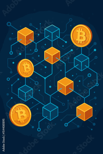 Blockchain technology and Bitcoin cryptocurrency network concept. Vector illustration of connected data blocks and coins. Fintech, decentralized digital finance and crypto market.
