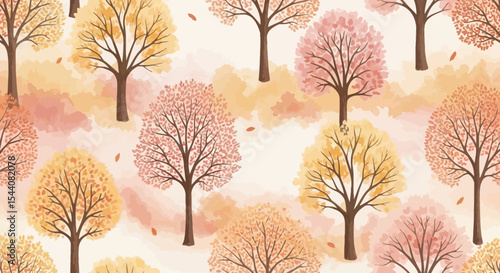 Autumnal Watercolor Trees Seamless Pattern Fall Foliage Design