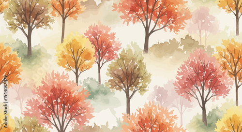 Autumnal Watercolor Tree Seamless Pattern Fall Foliage Design