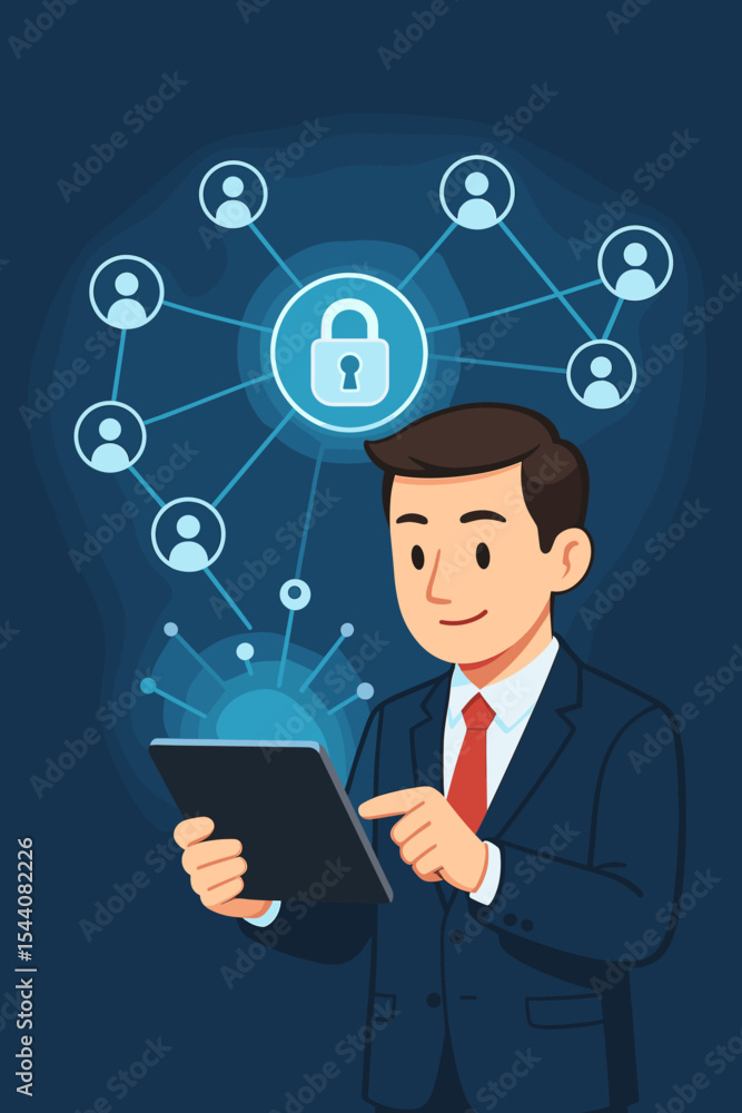Cybersecurity concept with a businessman using a tablet. Man protecting customer data and user network with a digital lock. Corporate technology for internet privacy and information safety. Vector. Cybersecurity concept with a businessman using a tablet. Man protecting customer data and user network with a digital lock. Corporate technology for internet privacy and information safety. Vector.