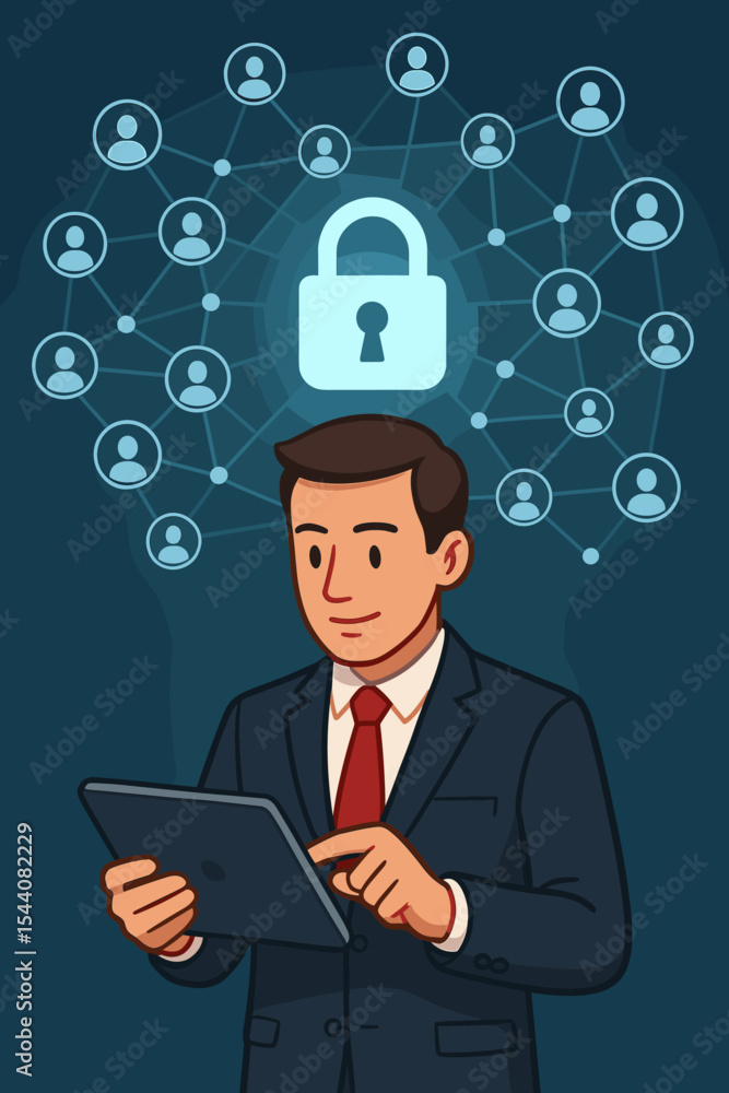 Businessman using tablet for cyber security. Man protecting customer data and privacy with a digital lock icon on a virtual network. Technology for information protection concept. Businessman using tablet for cyber security. Man protecting customer data and privacy with a digital lock icon on a virtual network. Technology for information protection concept.