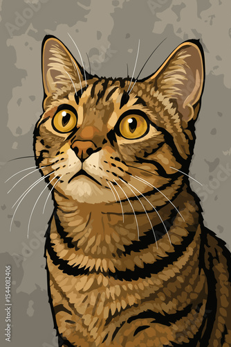 Detailed vector illustration close-up portrait of a curious tabby cat with yellow eyes looking up. Realistic cartoon domestic pet with striped fur against a gray background.