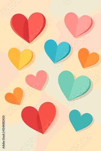 Set of colorful paper cut hearts on a gentle pastel background. Vector illustration for Valentine's Day, wedding, or anniversary. Romantic 3D papercraft love symbol design.