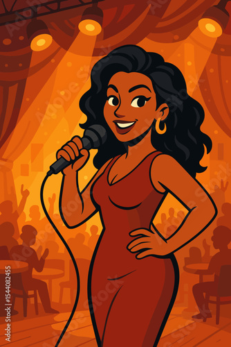 Confident female singer performing on stage with microphone at a live music concert. Vector cartoon illustration of a stand-up comedian or vocalist in a lively club with a crowd.