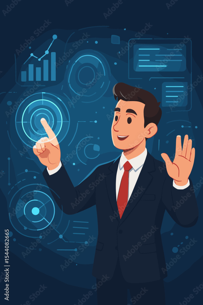 Businessman interacting with a futuristic virtual interface. Entrepreneur working with a holographic display for data analysis and business growth. Innovative technology concept. Vector cartoon. Businessman interacting with a futuristic virtual interface. Entrepreneur working with a holographic display for data analysis and business growth. Innovative technology concept. Vector cartoon.