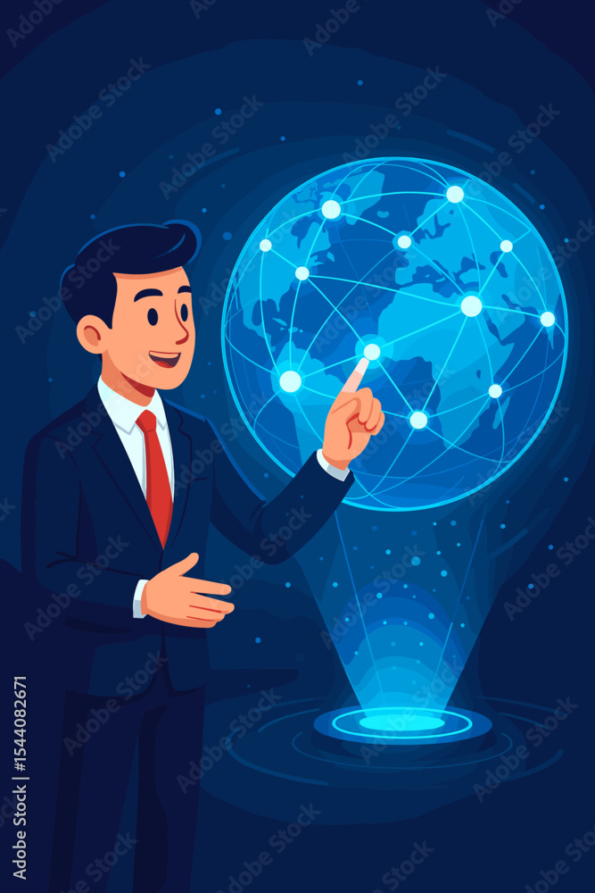 Concept global business. Businessman touching hologram. Futuristic technology. Virtual reality network. International communication. World map interface. Data management. Innovation. Concept global business. Businessman touching hologram. Futuristic technology. Virtual reality network. International communication. World map interface. Data management. Innovation.