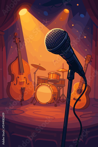 Live music stage with microphone in spotlight. Background for concert, jazz club, or open mic night. Cartoon illustration with musical instruments: guitar, drums, double bass.