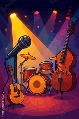 Live music concert background with microphone, drum kit, guitar, and double bass on a vibrant stage. Musical instruments under spotlights, ready for a band performance. Vector illustration.
