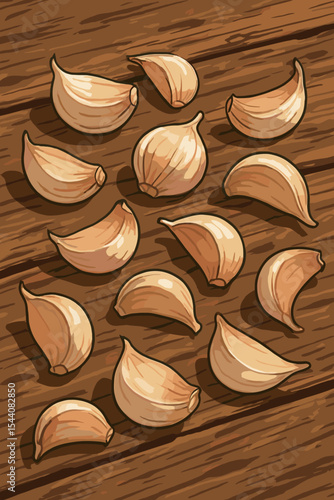 Garlic cloves and bulb vector cartoon illustration on a rustic wooden table. Concept of healthy food, cooking, and recipes. Fresh organic vegetable and aromatic seasoning ingredient.