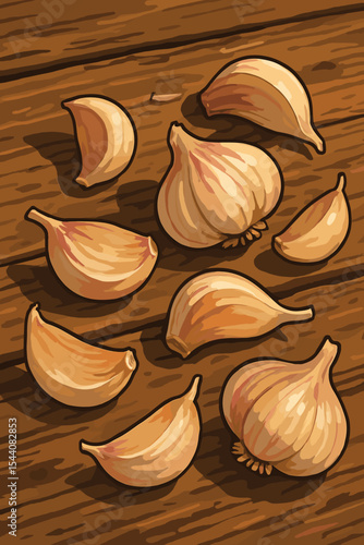 Aromatic garlic bulbs and cloves scattered on a rustic wooden surface. Vector cartoon illustration of a fresh, healthy vegetable ingredient for cooking, seasoning and recipes.