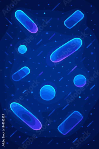 Futuristic abstract background with glowing neon particles. Digital space with floating blue and purple shapes. Modern technology or science concept vector illustration. Data flow.