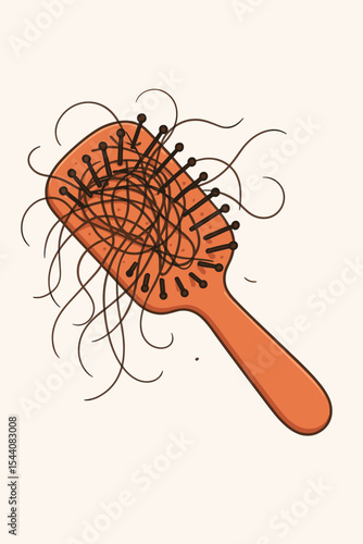 Hair loss vector illustration. A hairbrush full of fallen, tangled hair. Alopecia, hair fall, and thinning hair problem concept. Trichology and dermatology medical symbol.