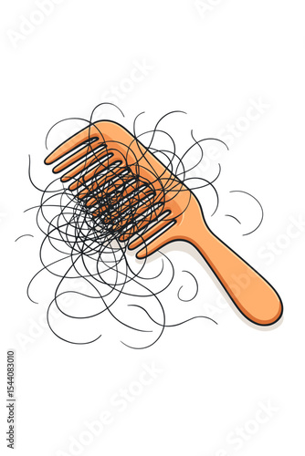 Hair loss problem concept with fallen out hair tangled in a comb. Alopecia, shedding, and baldness symptom. Vector illustration for health, beauty, and haircare topics. Isolated.