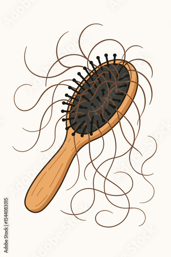Hair loss concept with a hairbrush full of fallen hair. Alopecia, shedding, and thinning hair problem. Trichology and dermatology vector for health and beauty care. Isolated cartoon.