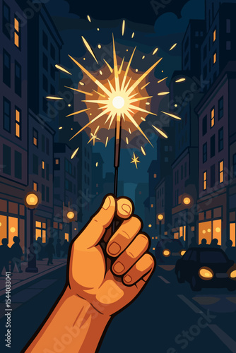 Hand holding a glowing sparkler on a city street at night. Vector cartoon illustration for celebration, New Year's Eve, holiday party. Urban nightlife concept with bright sparks.