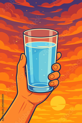 Hand holding a glass of fresh water against a vibrant sunset sky. Concept of hydration, refreshment, healthy lifestyle, and wellness. Quenching thirst with pure drink. Vector cartoon.