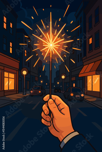 Hand holding a glowing sparkler on a city street at night. Festive celebration concept for New Year's Eve, holiday, or party. Bright firework light illuminating the dark. Cartoon vector.