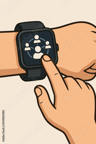 Hand using a smartwatch app for social networking. Finger taps customer network icon on a wearable device screen. Team communication and collaboration concept. Vector illustration.