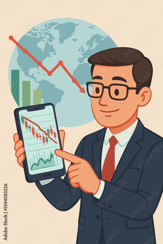 Investor analyzing global stock market decline on a smartphone. Concept of financial crisis, world economy recession, and bear market. Businessman pointing at a crashing chart. Vector. Investor analyzing global stock market decline on a smartphone. Concept of financial crisis, world economy recession, and bear market. Businessman pointing at a crashing chart. Vector.