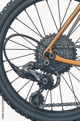 Vector illustration of a mountain bike rear derailleur and cassette gear system. Intricate close-up of bicycle wheel, chain, and transmission for technical mechanic design or sport concept.